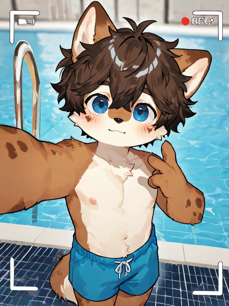 furry shota, lion, black hair, spiky afro hairstyle, orange eyes, glasses, detailed body fur, ((blue swim trunks)), flat body, stomach, masterpiece, looking at you, two tone body fur, orange body fur, clear orange body fur, detailed face, big eyebrows, detailed eyes, detailed body, detailed hands, glistering body, perfect lighting, perfect shadows, perfect eyes, perfect hair, perfect face, gorgeous body, glow throughout the scene, dynamic angle, pool, sitting, clear sky, wet body,