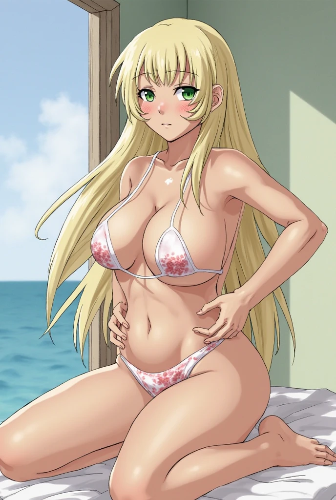 (masterpiece, best quality, high resolution, 1 girl, alone, queen kurashiki, outdoors, beach, smile, mouth closed, day, lying, kneeling, blonde hair, blue eyes, long hair, partial bangs, white micro bikini, (wet shirt), white shirt, briefs, medium breasts, puffy nipples, wide hips, wide thighs, narrow waist