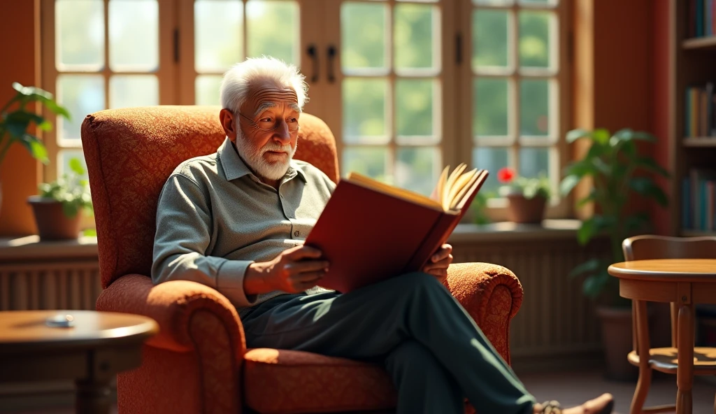 Show the oldman with no hair enjoying leisure time, perhaps lounging in comfortable clothing like a T-shirt and shorts, reading a book in a cozy armchair, or chilling in a hammock outdoors. This pose evokes a sense of relaxation and contentment.