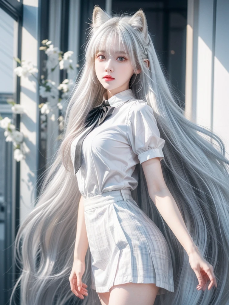 A girl with long white hair，having fun，a white long skirt