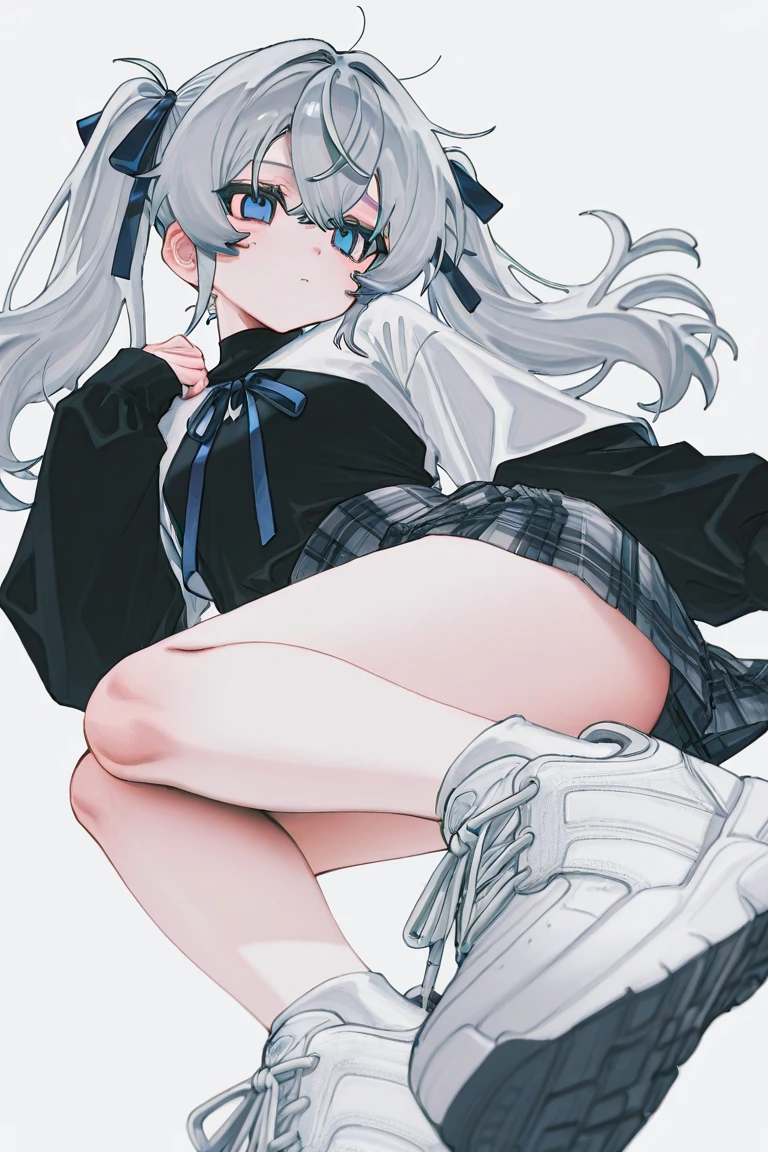 1girl, anime girl, silver hair, long twintails, silver eyes, school suit, white background, closed mouth small smile, small closing eyes