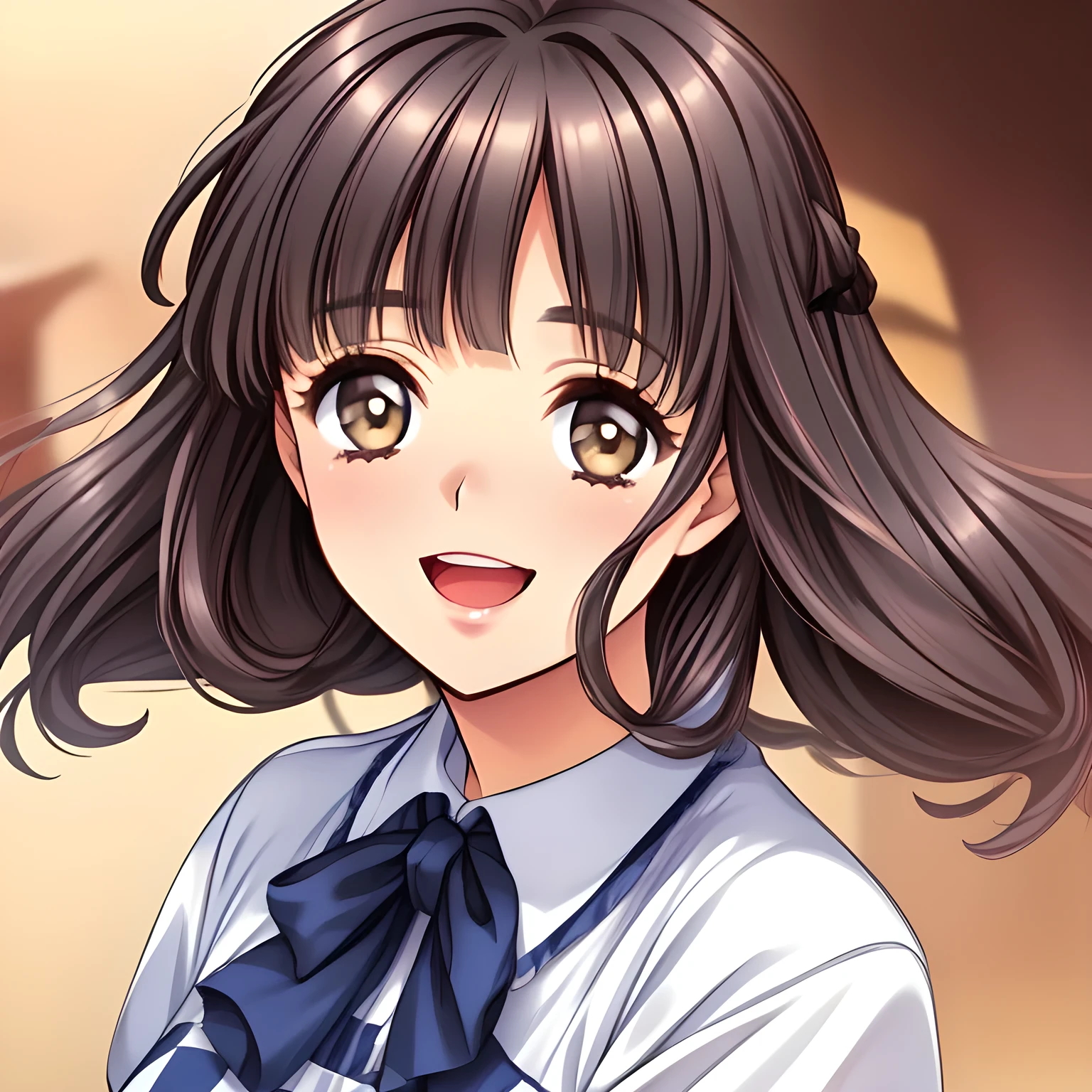 (highest quality, masterpiece:1.2), highest quality, High resolution, 1080p, 8K, (My beautiful pretty girl friend is (walking beside me), turning to me, looking me up, hypnotizing me by neat beauty, ((laughing at me)), (love-story comic heroines), (intelligent and perfectly balanced slender style), feeling too funny, amazingly neat & clean, in peace and neat lovely strong charm, cutely tilted head), (Too noble beautiful lady like a love-story comic heroine), (laughing like watching a comedy), A very lovely, very noble, pretty and pure beautiful girl. ((Bursting out Laughing very elegantly)), ((white grown face)), Using expensive whitening cosmetics by cosmetics artist: 1.2), (pamper and spoil you: 2.0), (curled) bangs, (Too beautiful blue fascinating shiny (double-lidded) (brown eyes) with love to the viewer, ((deep upper girly eyelid)), ((huge eye pupils)), laughing with detailed clearly: 1.5), (Dark blue vest school uniform, (Neat smart (white school frilled blouse))): 1.8), (A very neat, ((realistic), (dark-blue) pleated blue school (beautifully checkered) skirt): 1.6), (too pretty shiny big (red realistic school ribbon tie)): 1.5), (Shiny love-story heroine lips, extremely laughing open mouth: 1.0), ((amazingly beautiful black bobbed wavy hair is blowing in the wind: 1.5)), (Hair Ribbon ties (black hair), The ribbon is big and very pretty), (Tight waist, slender: 1.5), (The background is (plain black space) to emphasize their fascination: 1.8), (The lady knows well about the viewer's love for her school uniforms, and satisfies it completely as the viewer's desire: 1.7), (Everything is organized to have strong effect to spoil the viewer to fall into happy dream with many pampering girls: 1.5), (The viewer must be transferred to the world of the beautiful girls right now: 1.5), (take a side shot of walking beauty beside me turning to me: 2), (she is emerging up into the real from the picture, giving luck and pleasure to the viewer: 2.0)