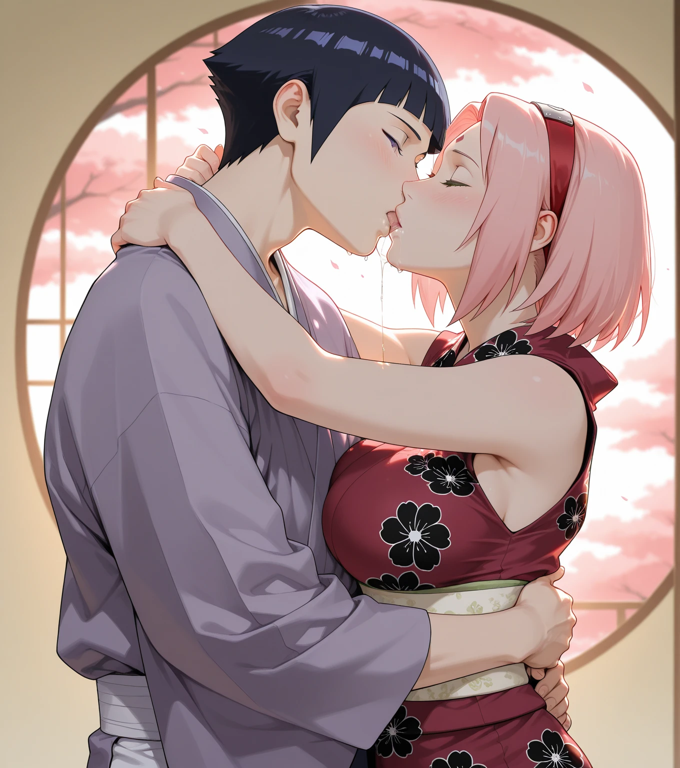 Masterpiece, best quality, best lights and shadows of Studio, 8k, hdr, 1 women and 1 man kissing, she is Sakura, he is Haku, effeminate, from the anime Naruto, they are kissing, lascivious, perfect anatomy, perfect hands, perfect arms, perfect legs, sideshot, looking at each other, crying, Sakura has pink hair, Haku has dark hair,  konoha Village clothes style, in the Woods,