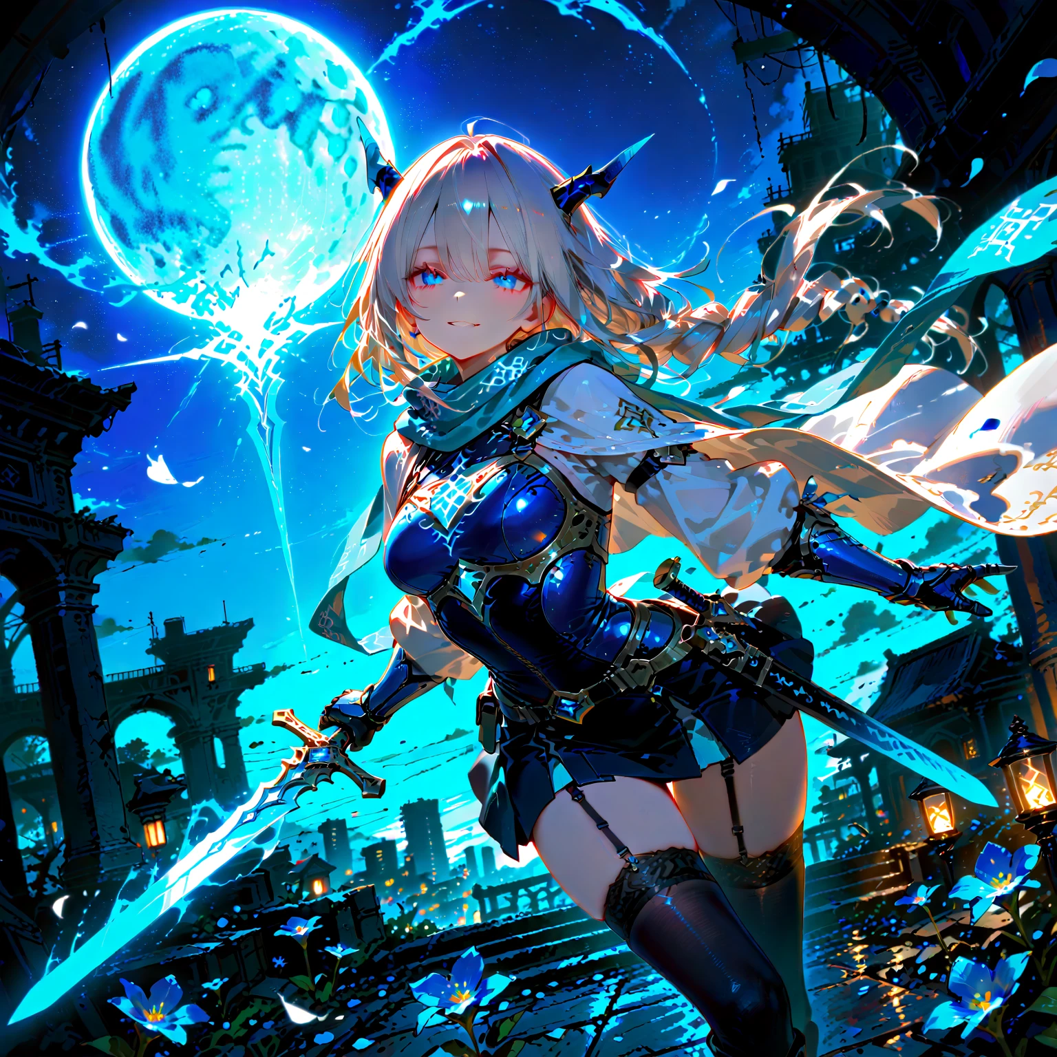 natta, fullmoon, blue rimlight lighting on the character's shoulder, elf woman with braided black hair in light armor, with traces of white clothing underneath, witch's hat, delicate face with strong expression and smile at the corner of the mouth, honey colored eye, making a magic ball and with electricity passing through the arms, in a forest with purple light butterflies flying around you, open angle, grabbing the whole body, concept art style