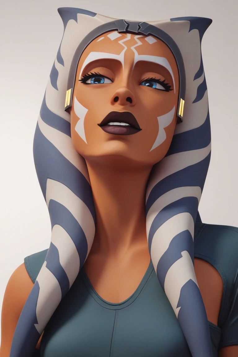 one girl, ahsoka tano, bust, (slender body, muscular, muscles, abs:1.2), solo, upper body, blue eyes, orange skin, (big breasts, cleavage:1.3), bare shoulders, masterpiece, highly detailed, look at viewer, shiny blured orange background, gradient sprayed background, front view, gradient red purple background, blured background, glowing edges of image