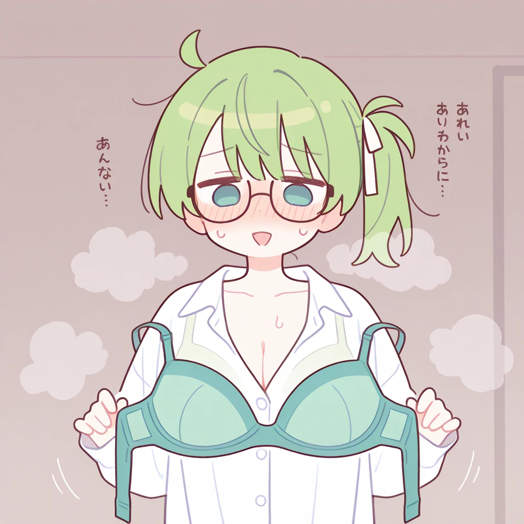 score_9, score_8_up, score_7_up, score_6_up, score_5_up, score_4_up, 1girl, Sucrose (genshin_impact), genshin_impact, green hair, small breasts, collarbone, breasts focus, floox style, \\\\\ jacket,, open clothes,green jacket, green track suit,, sportswear, standing, track jacket, green track pants, track suit, \\\\\ steam, steaming body, sweat,, rating_explicit, high resolution, deep breath, head out of frame, grey background, solo, nipple slip , , blush, , eyeglass frames, light green hair that is chin-length . She wears a pair of dark brown round spectacles. Sucrose also has pointed light green animal ears which she tries to hide with her hair; the animal they correspond to is unknown and it is the subject of some of Sucrose's investigations., blush, embarrassed, shy, spoken blush, glasses, short hair, navel

