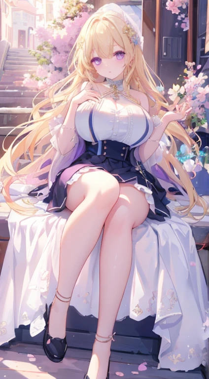 girl,Large Breasts,long hair,Topless,Bow,Blonde Hair, Purple Eyes, Cleavage,Large Breasts,whole body,foot