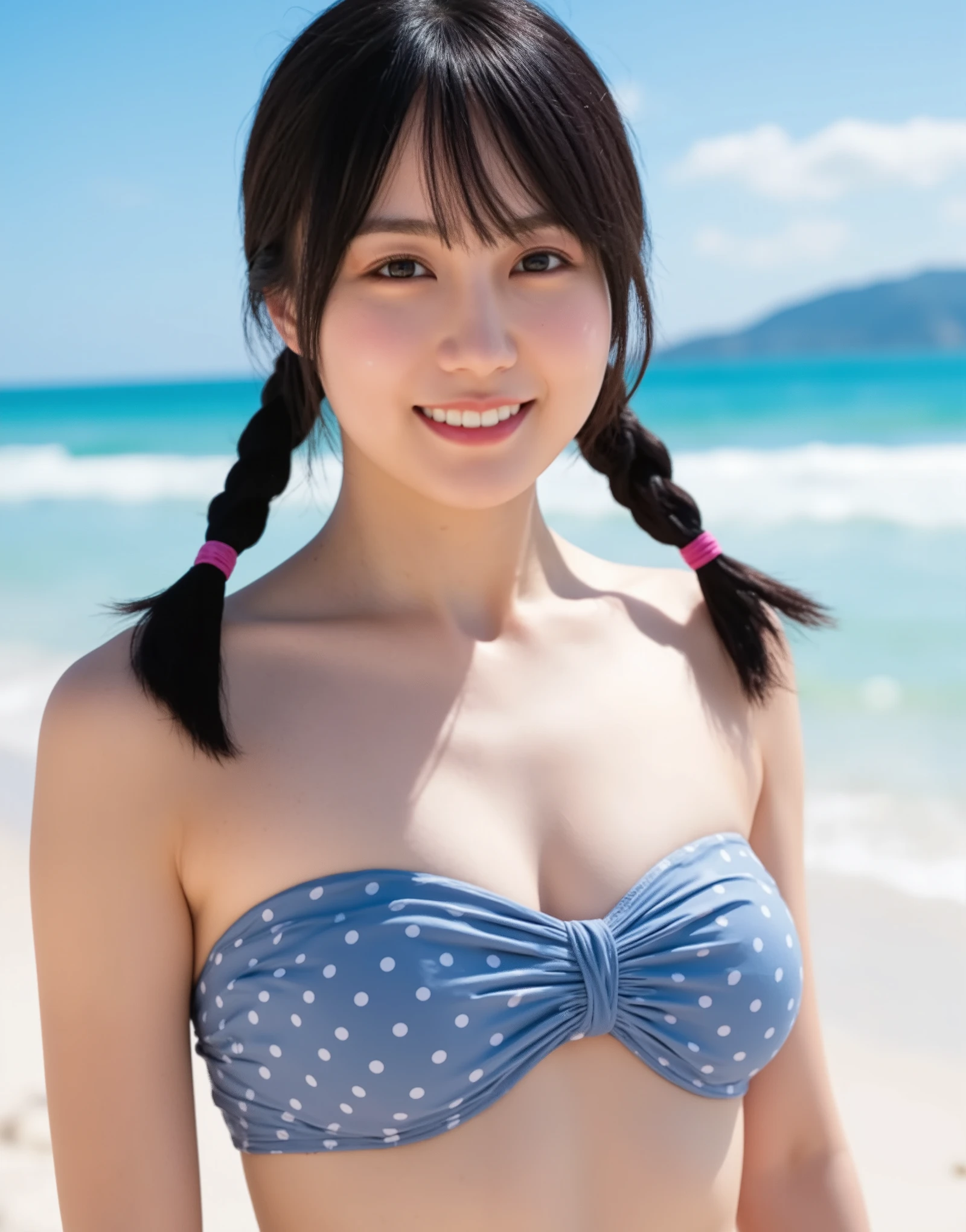 Japanese idol, high school girl, pure, shy face, brown eyes, black hair, twin tails, ribbon in hair, striped bikini swimsuit, cleavage, necklace, standing in front of a palm tree, resort island, beach, blue sky and white cumulonimbus clouds, gravure photoshoot