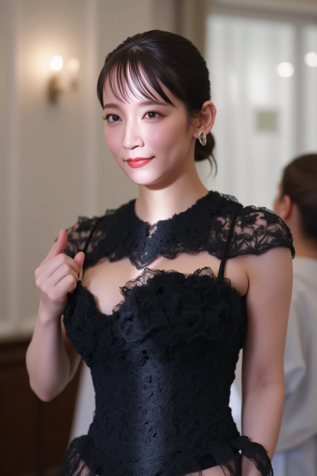 a gorgeous smiling cute Japanese woman in a lacy bodysuit outfit, delicate facial features, porcelain-skinned, ponytail, a fusion of young Marion Cotillard's striking eyes and young Anne Hathaway's introspective gaze, long and slender cute face, Asian winged eyes, wavy nose, full wide lips, flowing very long straight black hair in the air, reaching out her hand to the viewer and snapping her fingers, silhouette, bokeh, red carpet background,
