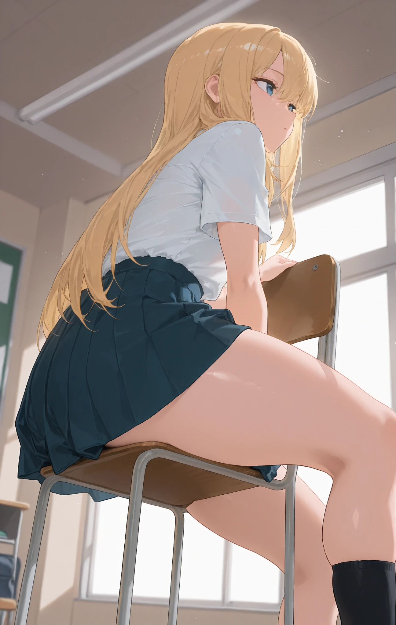 (8K、Highest quality、highest quality、masterpiece)、Detailed face、One girl、 gyaru、Blonde、Wavy Hair、Grey Eyes、Earrings、Pink Lips、evil smile、Moderate chest、((White collared shirt))、((Black pleated skirt))、white socks、loafers、((bent over))、turn around、Take a photo from behind、Classroom Background