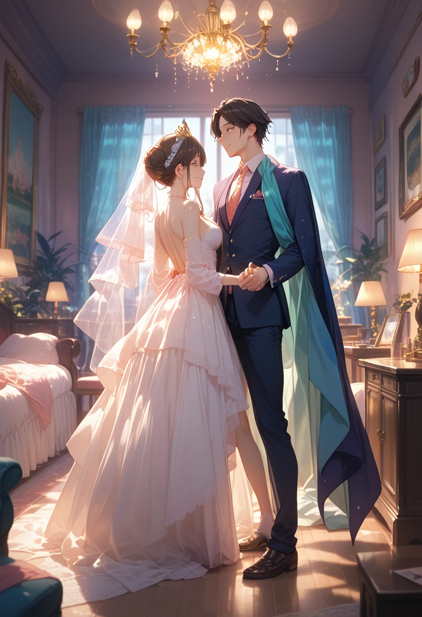 Masterpiece, best quality, super detailed, illustration, beautiful detailed eyes, close up, there is a boy and a girl in the room. It is a white slip dress with pink hair. The boy is black hair, black suit clothes pants. Girl and boy standing and looking at each other