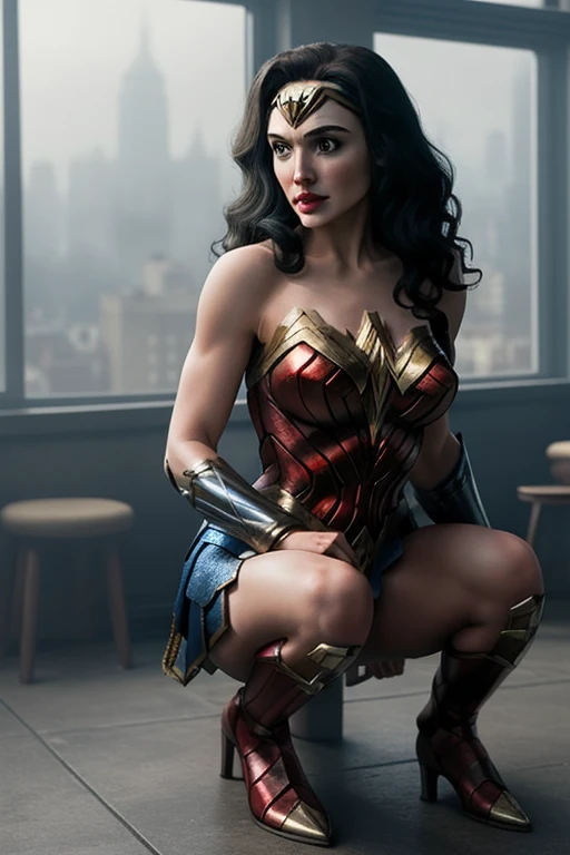 1 girl, gal gadot, Wonder Woman leotard, high heels boots, huge breast and slender body, squatting over the floor, in a room in a sky high building in the middle of New York.