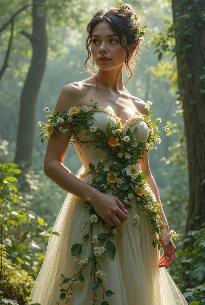 A girl wearing a fitted gown that has a nature design