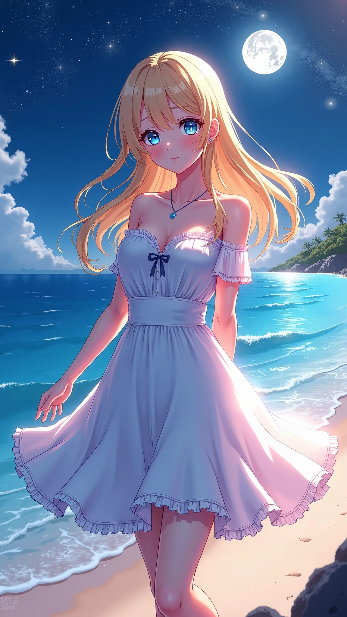 (Anime artwork, Anime Style, Studio Anime, Very detailed, up to date, Vibrant, Anime Coloring Book, High Contrast, masterpiece:1.2, Highest quality, Best aesthetics),((kisaragi honey:1.4)), (blonde hair:1.1), summer dress, (hair band, red), BREAK score_9, score_8_up, score_7_up, source_anime, best quality, (blue eyes:1.1), (She walked along the beach in the sunset, her bare feet touching the water, the closest she came to seeing that smile:1.1), (cinematic angle:1.1),