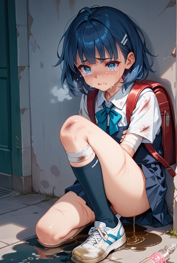 ((masterpiece,Highest quality:1.3,best quality illustration)),cowboy shot,独奏,1woman,16 year old beauty、black hair,short bob hair,bangs,black eyes,(gorgeous big eyes),((very small head:1.3)),crying,tears,((very long body:1.2,skinny)),((tan skin:1.4,Injury:1.4)),medium breasts,naked,nipples、navel,vagina,gleaming skin,oily skin,slender body,sweat,kneeling,arms up,spread legs,floor、classroom、School、Tokyo、BDSM,nsfw,