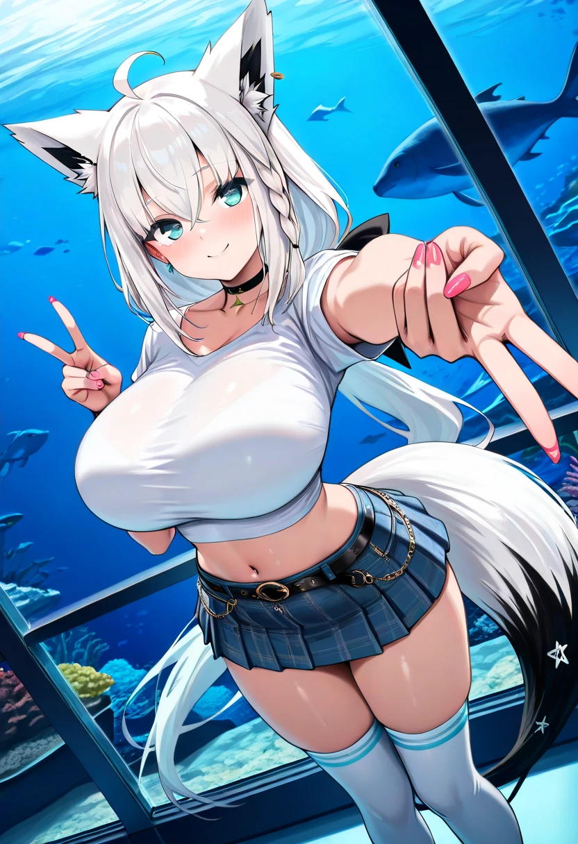 Happy woman, with wolf ears and blue hair, holding her cheeks, wolf tail, wearing a latex dress, looking at veiwer, full body, you can see her chest, naked breasts