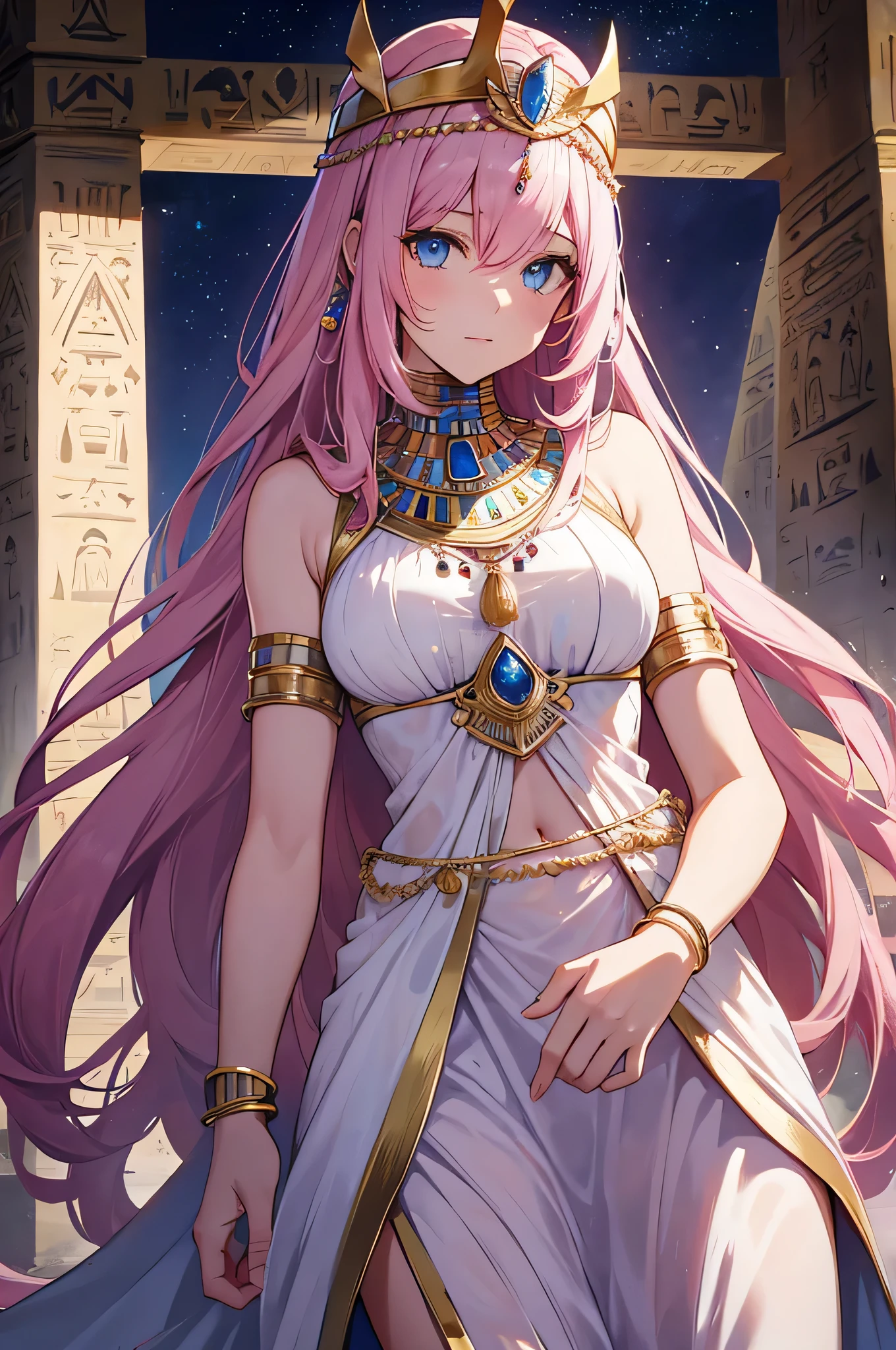 woman, light pink hair, long hair, open forehead, without bangs, big breasts ancient egypt, clothes of ancient Egypt