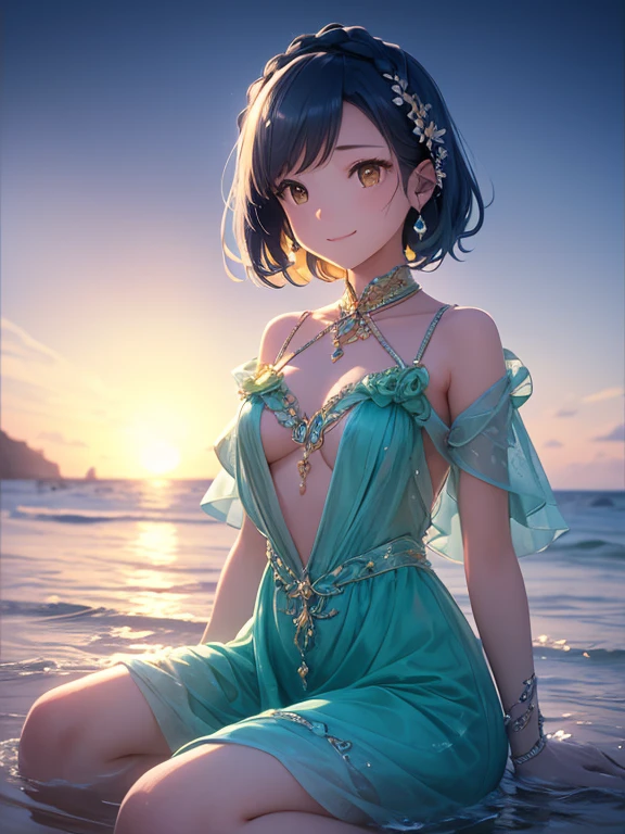 anime girl is sitting on porch, with the ocean and trees behind her, 1girl, solo, dress, outdoors, blue eyes, sitting, looking at viewer, black hair, day, bare shoulders, bare arms, breasts, sleeveless dress, blush, short hair, sleeveless, closed mouth, smile, beach, collarbone, small breasts, colored inner hair, multicolored hair, blue dress , (best quality, masterpiece, ultra-detailed, illustration),(8K wallpaper),(beautiful detailed eyes), beautiful, amazing, detailed eyes, (detailed skin),sexy,(visible nipples:0.8),(camel toe:0.3),, ((The costume is metallic, shiny and lustrous)),