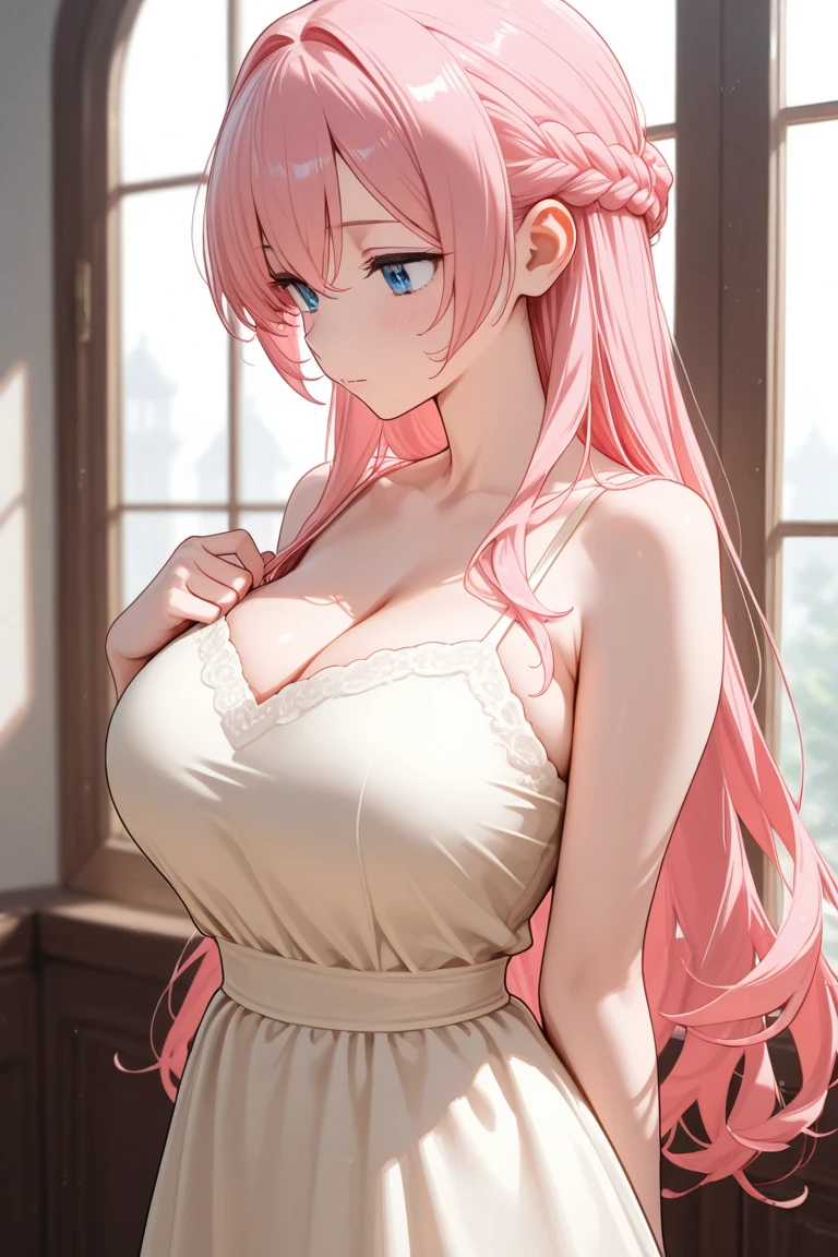 ((masterpiece)), (absurdres:1.3), ((beautiful detailed cinematic light:1.3)), (extremely detailed CG unity 8k wallpaper:1.3), (illustration:1.3), (ultra-detailed:1.3), (depth of field:1.3), (best shadows:1.3), (perfect anatomy:1.3), (living_room:1.3), (indoors:1.3), (((at_evening:1.3))),
(1girl:1.3), <lora:hahari hanazono s1-lora-nochekaiser:0.7>, (mature_female:1.3), (hahari_hanazono:1.3), (long_hair:1.3),((pink_hair:1.3)), (bangs:1.3), (flower:1.3), (hair_flower:1.3), (symmetry face:1.3), (expressive eyes:1.3), ((beautiful and detailed eyes:1.3)), (green_eyes:1.3), <lora:torogao_v4-000010:0.8>, (full-face blush:1.3), (seductive smile:1.3),
<lora:PerfectFullBreasts-fCV3:0.65>, ((large_breasts:1.5)), (slim waist:1.3), (wide hips:1.3),
((dress:1.3)), ((white_dress:1.3)), (cleavage:1.3),
(jewelry:1.3), (necklace:1.3),
(hands on thighs:1.3),
(sitting on couch:1.3), (on couch:1.3),
(upper body:1.3), (looking at viewer:1.3), (front view:1.3), (upright:1.3), <lora:add_detail:0.4>, <lora:Silicon-landscape-isolation:0.8>