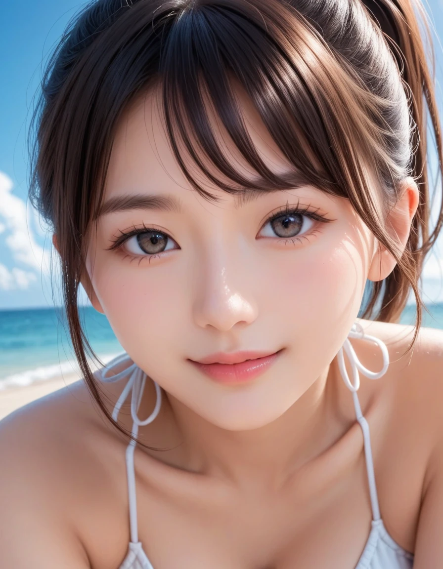 masutepiece, Best Quality, Illustration, Ultra-detailed, finely detail, hight resolution, 8K Wallpaper, Perfect dynamic composition, Beautiful detailed eyes , the beach, Sexy face,Face feeling ecstasy,Face at the peak of sexual arousal