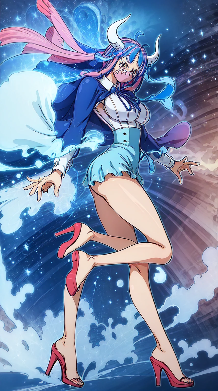 Ulti from one piece, blue hair, red eyes, pink mask, horns, Ulti takes to wearing a long-sleeved minidress that is white and pleated above the waist, with a blue bow below a point collar. The dress's lower, light-blue, and non-pleated section, with a button placket in the middle, ends in a short skirt part that has a slightly ruffled hem, leaving most of Ulti's legs visible. Fastened on her shoulders is a darker-blue cape trimmed with light-blue fur on its edges (the inside also blue), which goes near the ground, standing in wall side.