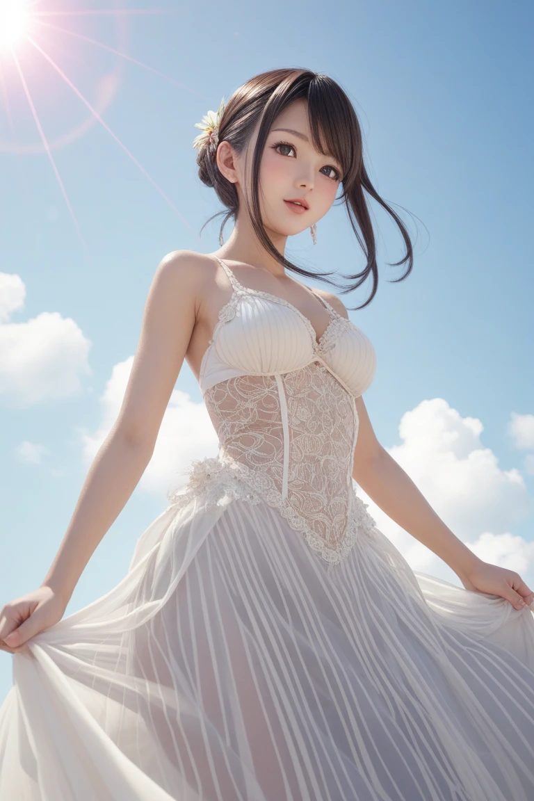Best Quality, SLR, Masterpiece, Solo, One Girl, Single Girl, Beautiful Girl Figure Feeling, Loli Body Type, Loli Big, Upper Body, Cleavage, Lewning, Hands Forward