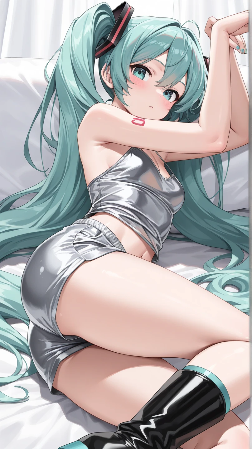 white panties,dual horsetail,Lie down in bed,cropped shoulders,cleavage,White bra,Bare legged,Barefoot,with fair skin,is shy,Raised sexy,Fuller