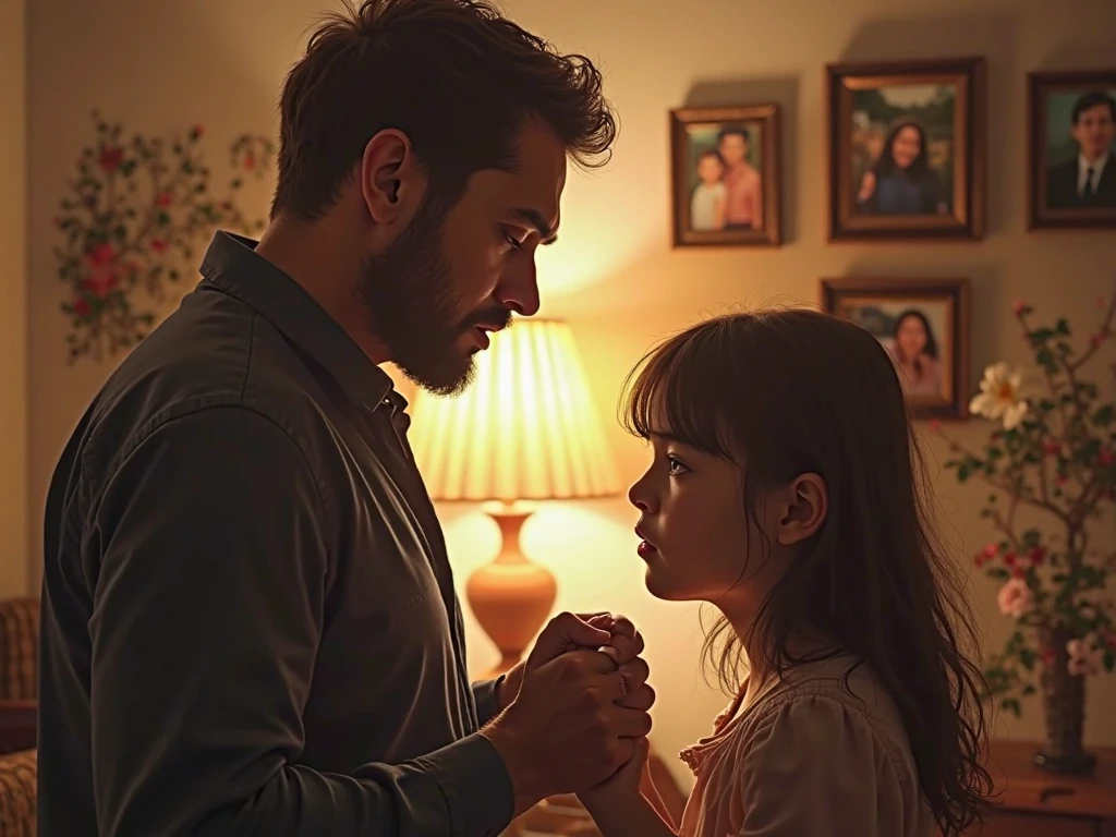 A highly realistic, high-contrast, 8K HD, detailed, hyper-detailed image of a child asking their father when he will return. Both the child and the father have sad expressions on their faces, reflecting the weight of the moment. The atmosphere is filled with emotion, as the father looks down at his child with sorrow and uncertainty, while the child gazes up with a mixture of hope and sadness. The background is softly lit, enhancing the intimate and poignant nature of the scene. The image is of the highest quality, with ultra-high resolution, RAW photo quality, and Unreal Engine rendering, capturing the deep emotional connection and the sorrowful reality of the situation.