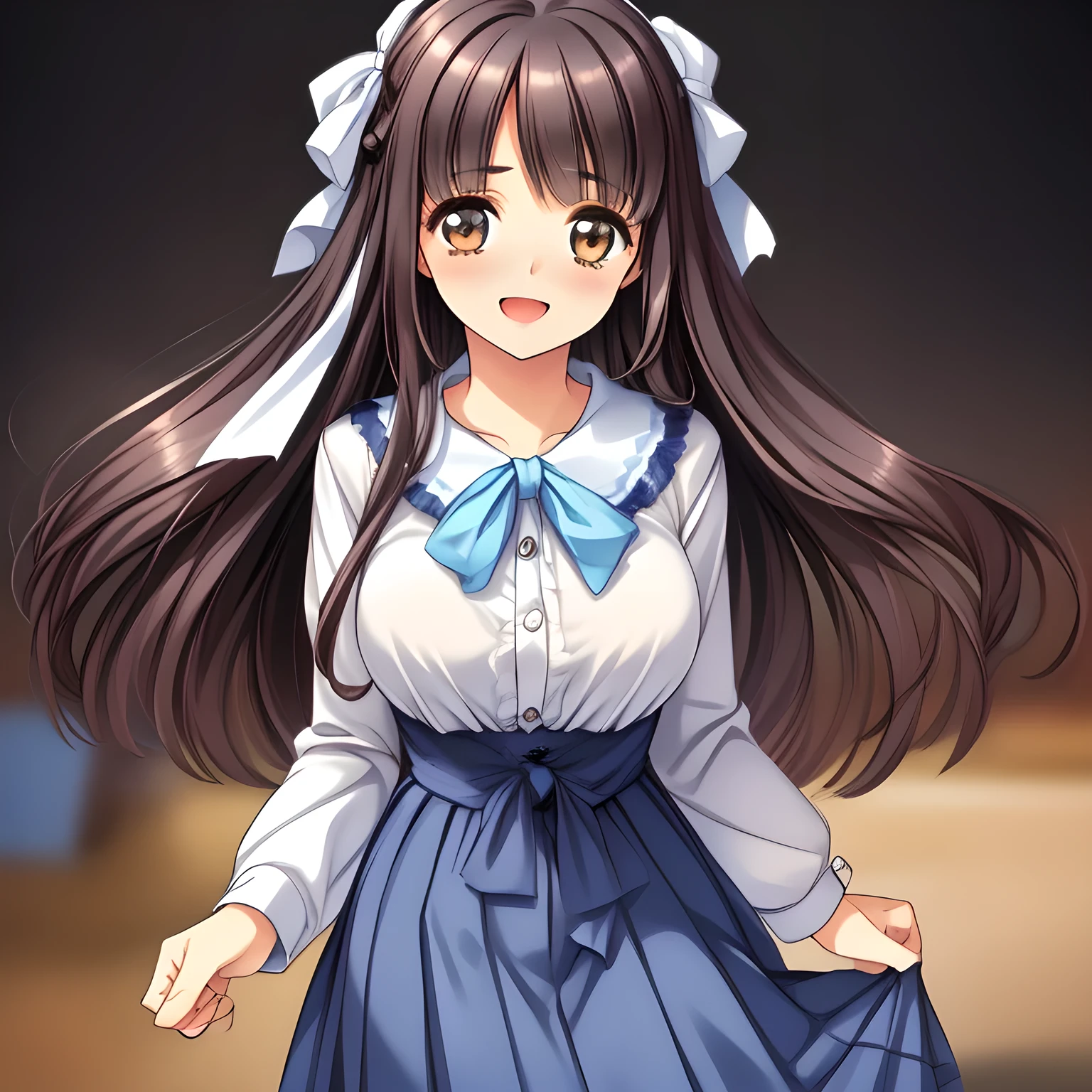 (highest quality, masterpiece:1.2), highest quality, High resolution, 1080p, 8K, (My beautiful pretty girl friend is (walking beside me), turning to me, looking me up, hypnotizing me by neat beauty, ((laughing at me)), (love-story comic heroines), (intelligent and perfectly balanced slender style), feeling too funny, amazingly neat & clean, in peace and neat lovely strong charm, cutely tilted head), (Too noble beautiful lady like a love-story comic heroine), (laughing like watching a comedy), A very lovely, very noble, pretty and pure beautiful girl. ((Bursting out Laughing very elegantly)), ((white grown face)), Using expensive whitening cosmetics by cosmetics artist: 1.2), (pamper and spoil you: 2.0), (curled) bangs, (Too beautiful blue fascinating shiny (double-lidded) (brown eyes) with love to the viewer, ((deep upper girly eyelid)), ((huge eye pupils)), laughing with detailed clearly: 1.5), (Dark blue vest school uniform, (Neat smart (white school frilled blouse))): 1.8), (A very neat, ((realistic), (dark-blue) pleated blue school (beautifully checkered) skirt): 1.6), (too pretty shiny big (red realistic school ribbon tie)): 1.5), (Shiny love-story heroine lips, extremely laughing open mouth: 1.0), ((amazingly beautiful black bobbed wavy hair is blowing in the wind: 1.5)), (Hair Ribbon ties (black hair), The ribbon is big and very pretty), (Tight waist, slender: 1.5), (The background is (plain black space) to emphasize their fascination: 1.8), (The lady knows well about the viewer's love for her school uniforms, and satisfies it completely as the viewer's desire: 1.7), (Everything is organized to have strong effect to spoil the viewer to fall into happy dream with many pampering girls: 1.5), (The viewer must be transferred to the world of the beautiful girls right now: 1.5), (take a side shot of walking beauty beside me turning to me: 2), (she is emerging up into the real from the picture, giving luck and pleasure to the viewer: 2.0)