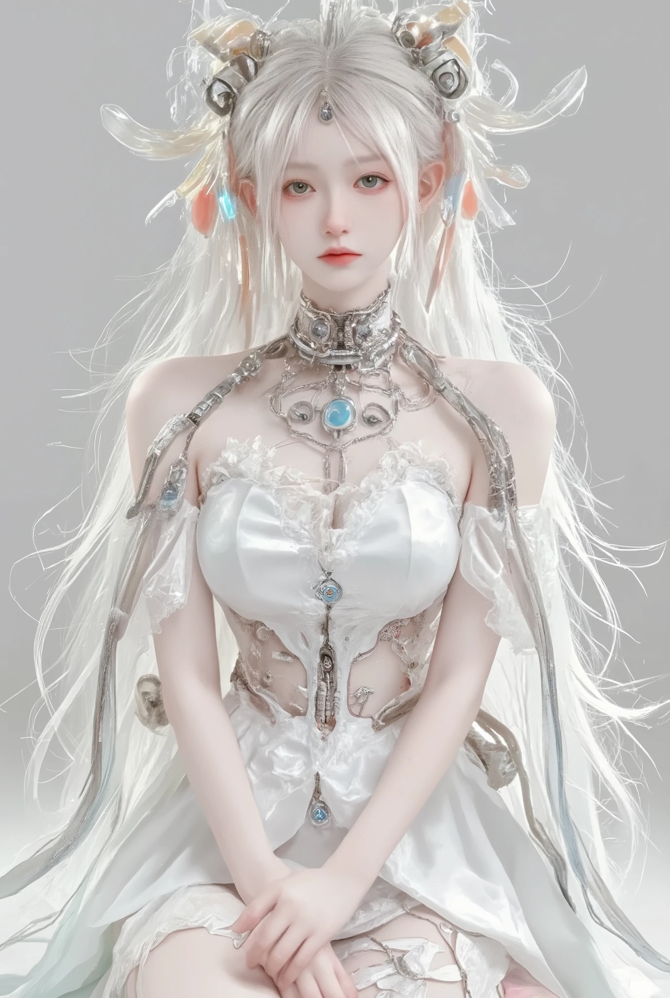 (masterpiece, top quality, best quality, official art, beautiful and aesthetic:1.2), (1girl:1.3), extreme detailed,colorful,highest detailed ((ultra-detailed)), (highly detailed CG illustration), ((an extremely delicate and beautiful)),(from side),cinematic light,((1mechanical girl)),solo,full body,(machine made joints:1.2),((machanical limbs)),(blood vessels connected to tubes),(mechanical vertebra attaching to back),((mechanical cervial attaching to neck)),(sitting),expressionless,(wires and cables attaching to neck:1.2),(wires and cables on head:1.2)(character focus),science fiction,white background,(blood:1.5)