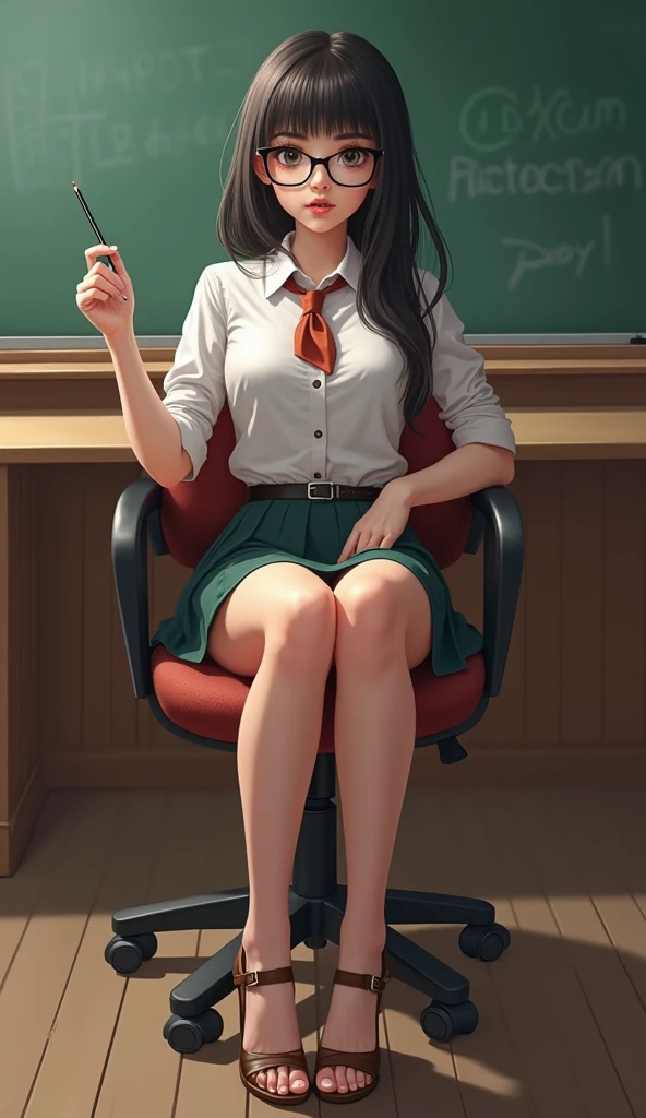 pretty thicc girl with straight black hair, using glasses, really busty, deep cleavage, sexy look on her face, sitted in a classroom, thick legs , crossed legs, red high heels, hair tied, perfection, high quality, detailed, ultra-HD, realistic woman
