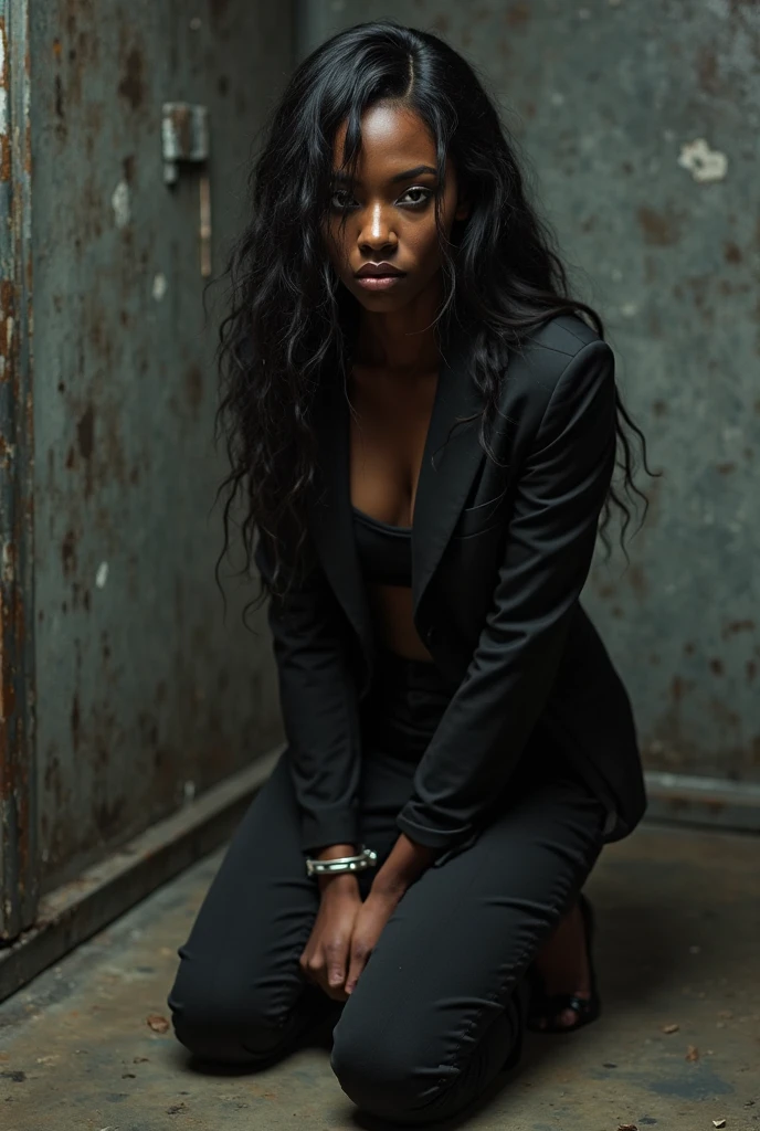 Black female. kneeling on London Bridge , night time, gorgeous face, edgy hair, long jacket, dressed for winter