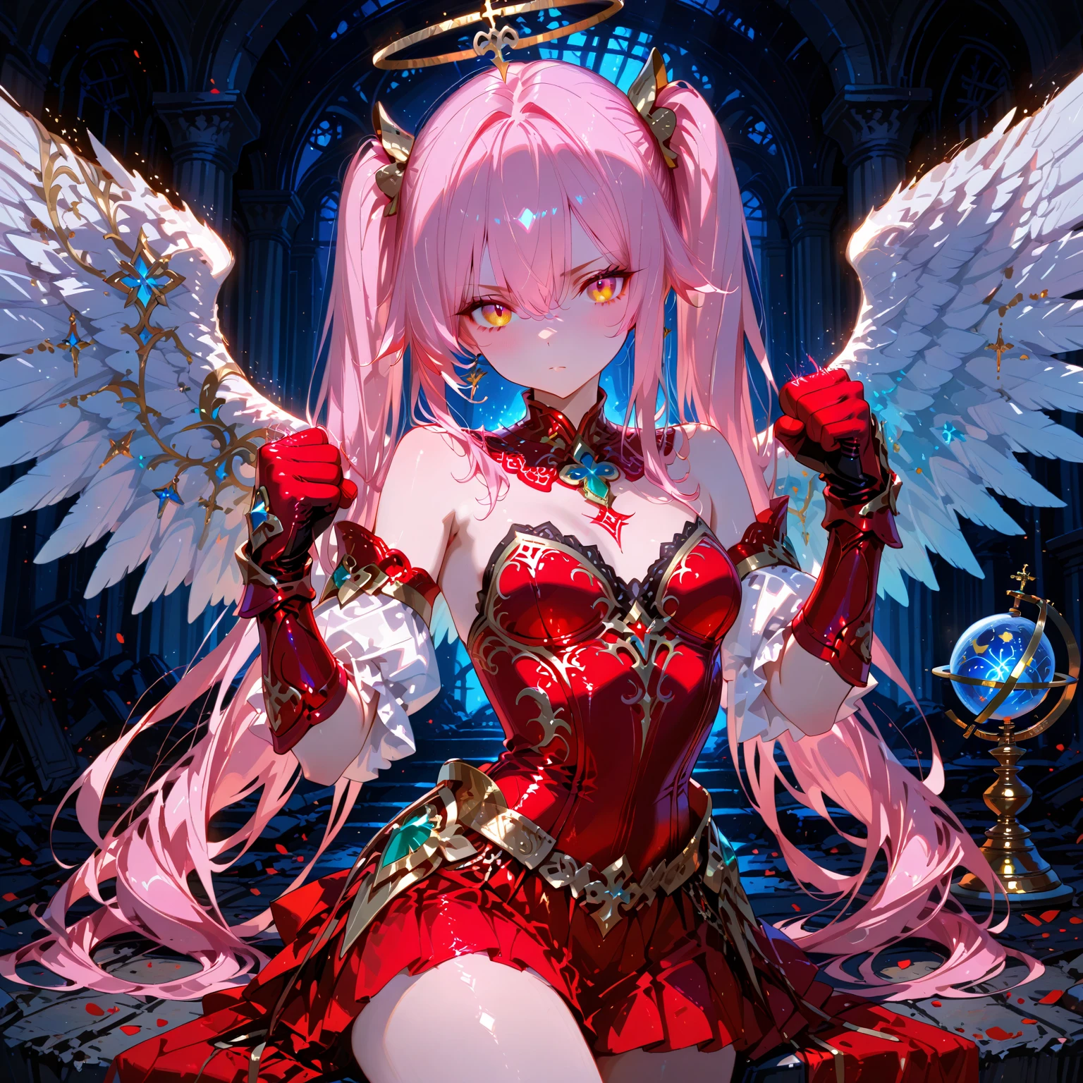 1 Mechanical Girl: 1.4, Sailor Moon, White Mechanical Arm, Humanoid Body, Pink Sailor Suit, Good-looking Face, Sailor Moon, Wings, Moon Hare, Rabbit Ears, Mechanical Ears, White Top, Blonde Hair, Mechanical Arm, Pink Skirt, Side, Halo, Sci-Fi Background, Hair Glow, Forehead Light, Moon, anglewings, Panorama, Glowing Ring on the background