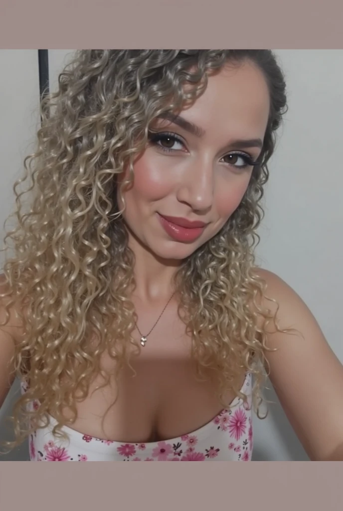 rayra, 1girl, solo, blonde hair, brown eyes, curly hair, realistic photo of a rayra, wearing provocative cleavage, medium size ,