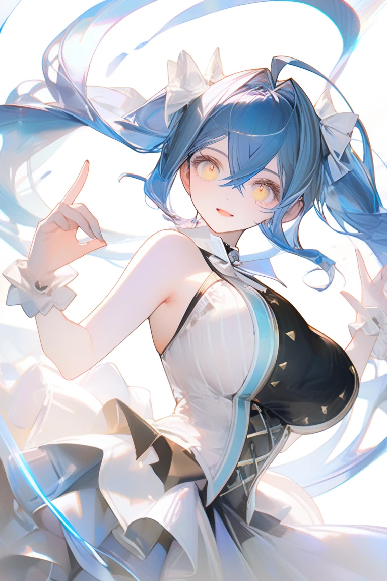 a speck of dust,big breasts,Sexy,no clothes,Long blue hair,hair accessories,big breasts,bare shoulders,white elbow gloves.clavicle,Insult,white stockings,blue dress,pleated skirt,arms flailing,simple background,eyes closed,happy,open mouth,