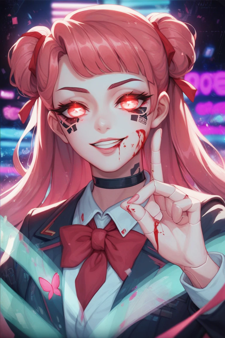junko enoshima, blonde long hair, 1girl, twintails, solo, blue eyes, cleavage, collarbone, large breasts, bangs, angry, looking at viewer, upper body, bear hair ornament, nail polish, red nails, red bow, black shirt, underwear, choker, black bra, sleeves rolled up, white necktie, pleated plaid red skirt, school uniform, black cross-laced knee boots, shiny, shiny hair, (blood, bloody, bloody clothes, gore, hurt:1.5), (pink blood:2)