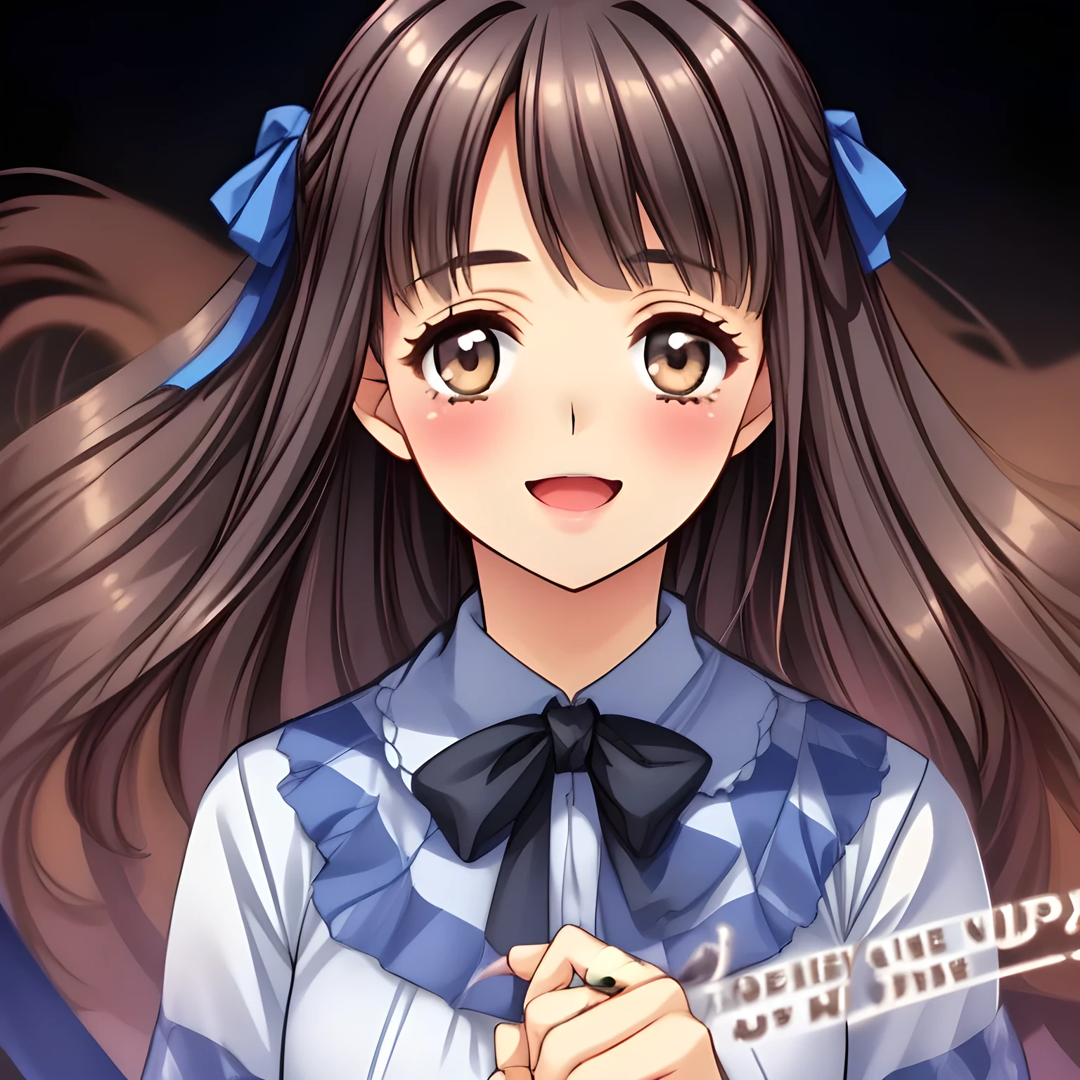 (highest quality, masterpiece:1.2), highest quality, High resolution, 1080p, 8K, (My beautiful pretty girl friend is (walking beside me), turning to me, looking me up, hypnotizing me by neat beauty, ((laughing at me)), (love-story comic heroines), (intelligent and perfectly balanced slender style), feeling too funny, amazingly neat & clean, in peace and neat lovely strong charm, cutely tilted head), (Too noble beautiful lady like a love-story comic heroine), (laughing like watching a comedy), A very lovely, very noble, pretty and pure beautiful girl. ((Bursting out Laughing very elegantly)), ((white grown face)), Using expensive whitening cosmetics by cosmetics artist: 1.2), (pamper and spoil you: 2.0), (curled) bangs, (Too beautiful blue fascinating shiny (double-lidded) (brown eyes) with love to the viewer, ((deep upper girly eyelid)), ((huge eye pupils)), laughing with detailed clearly: 1.5), (Dark blue vest school uniform, (Neat smart (white school frilled blouse))): 1.8), (A very neat, ((realistic), (dark-blue) pleated blue school (beautifully checkered) skirt): 1.6), (too pretty shiny big (red realistic school ribbon tie)): 1.5), (Shiny love-story heroine lips, extremely laughing open mouth: 1.0), ((amazingly beautiful black bobbed wavy hair is blowing in the wind: 1.5)), (Hair Ribbon ties (black hair), The ribbon is big and very pretty), (Tight waist, slender: 1.5), (The background is (plain black space) to emphasize their fascination: 1.8), (The lady knows well about the viewer's love for her school uniforms, and satisfies it completely as the viewer's desire: 1.7), (Everything is organized to have strong effect to spoil the viewer to fall into happy dream with many pampering girls: 1.5), (The viewer must be transferred to the world of the beautiful girls right now: 1.5), (take a side shot of walking beauty beside me turning to me: 2), (she is emerging up into the real from the picture, giving luck and pleasure to the viewer: 2.0)