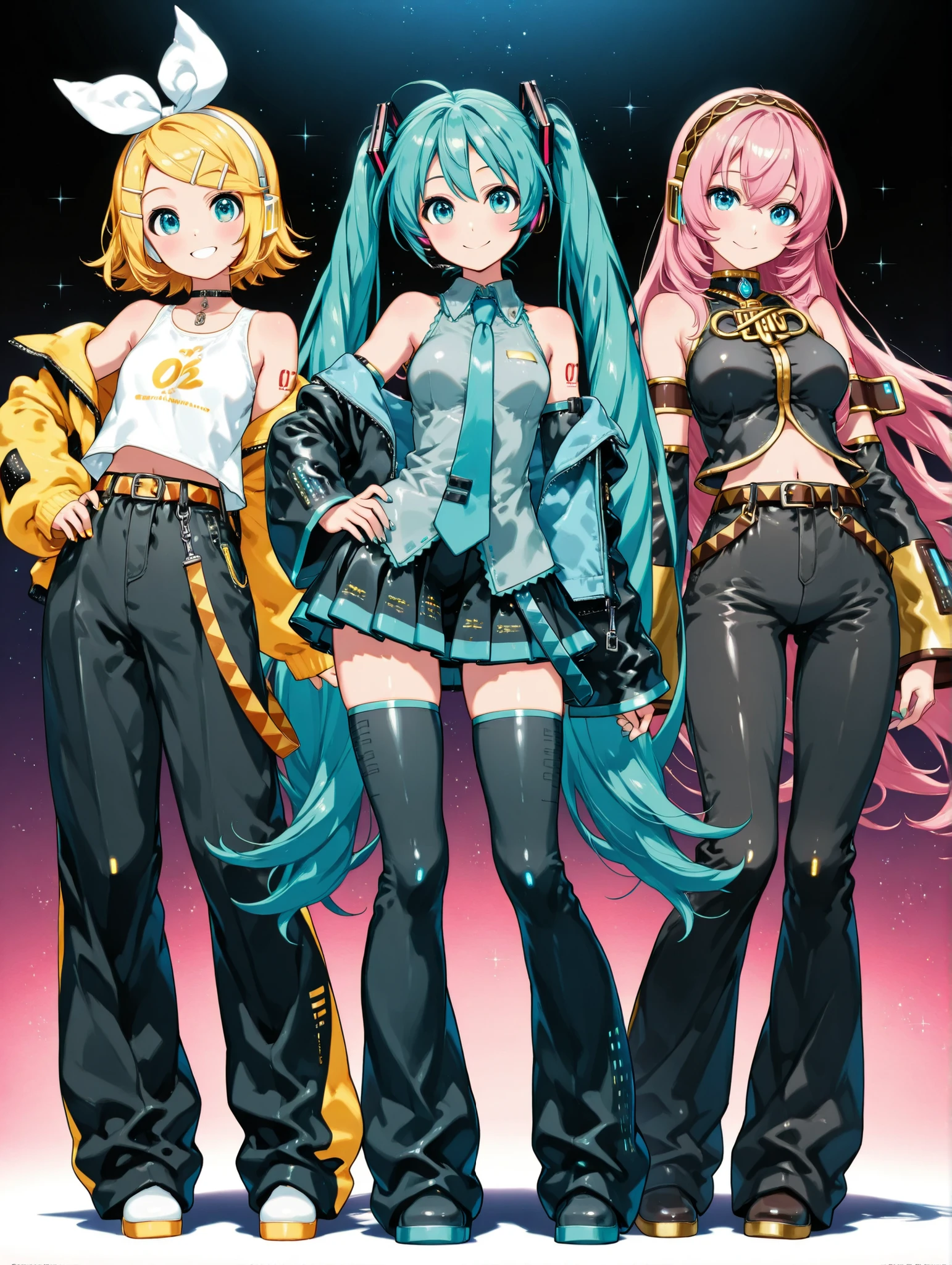 (masterpiece、top quality、top quality、official art、Beautiful Beautiful:1.2), high resolution, Beautiful Breasts, Smiling, simple background, masterpiece, top quality, Decobang, (((bangs))), ((( open shoulders)))Fluttering Clothes 、full body,(masterpiece、top quality、top quality、official art、beautiful beautiful:1.2)、, 3 girls are practicing dancing in a pop studio(Hatsune Miku& Kagamine Rin&Megurine Luka)、beautiful breasts、Bang Hair、 viewers, Smile , 3-person unit、 Trivial 、right:Hatsune Miku、center:Kagamine Rin、left:Megurine Luka、 very nice, very nice face, wearing hip-hop fashion, performance jacket, palazzo pants ,