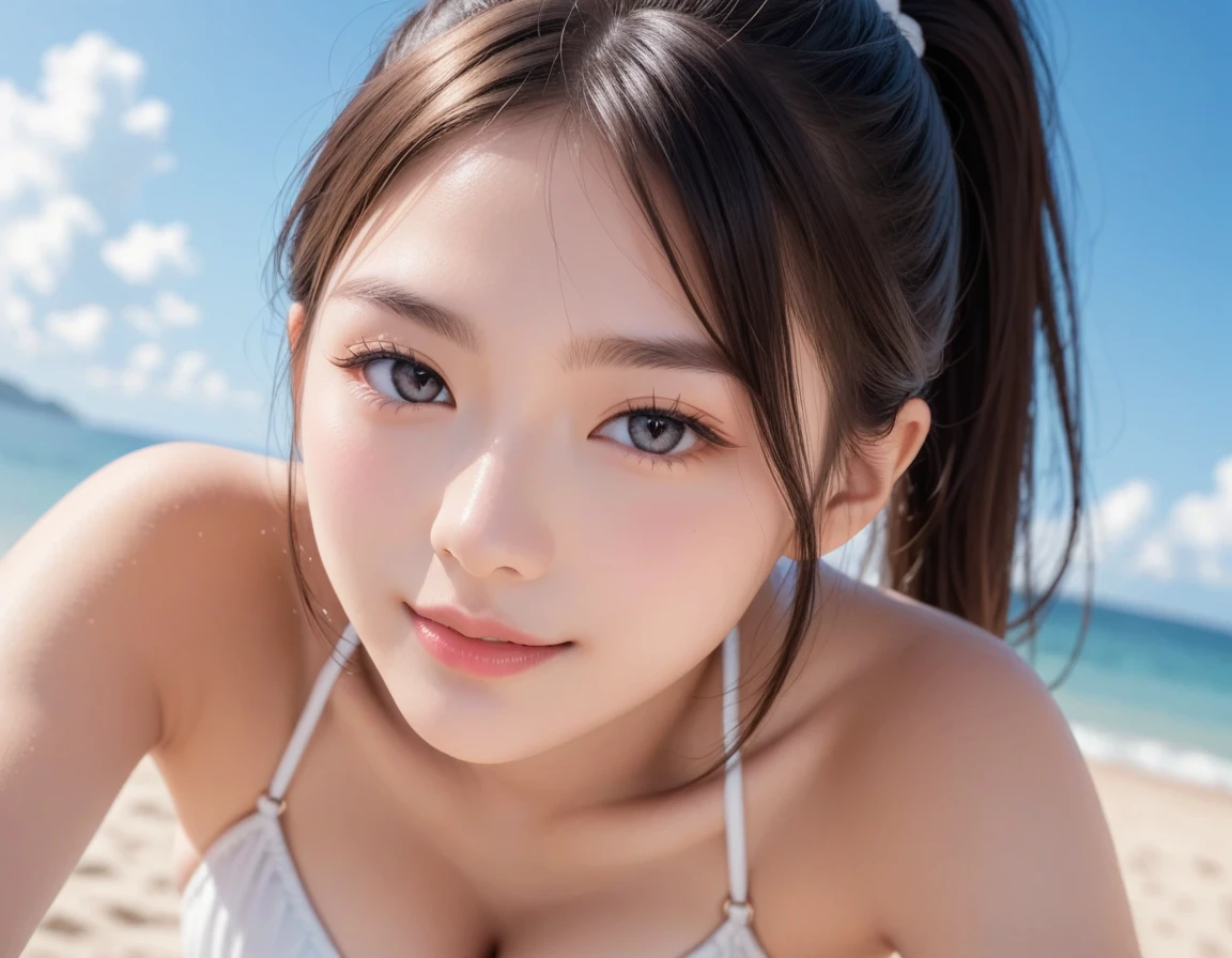 whole body, highest quality, figure, super detailed, finely, High resolution, 8k wallpaper, 完璧なダイナミックな構figure, beautiful and fine eyes,She's a Gal,,blonde, random cute hairstyles, super big breasts, natural color lip,beach, random cute poses,heavy makeup