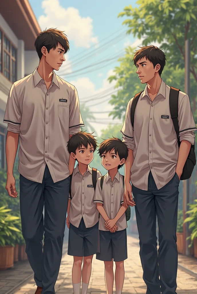 handsome young daddy with twin boys back side