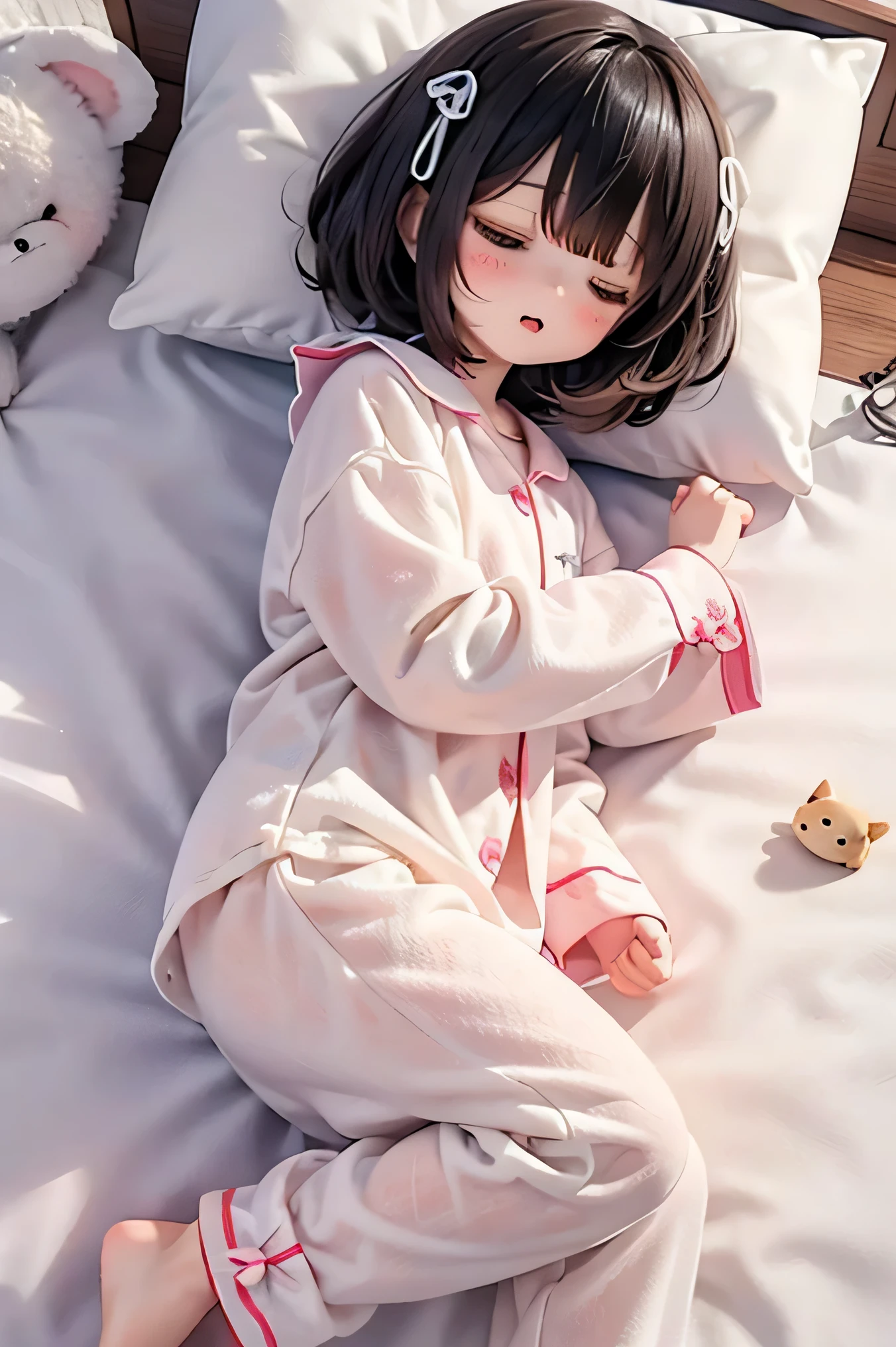 Cute 18 year old girl in polka dot pajamas, In a pink room full of teddy bears, anime style image