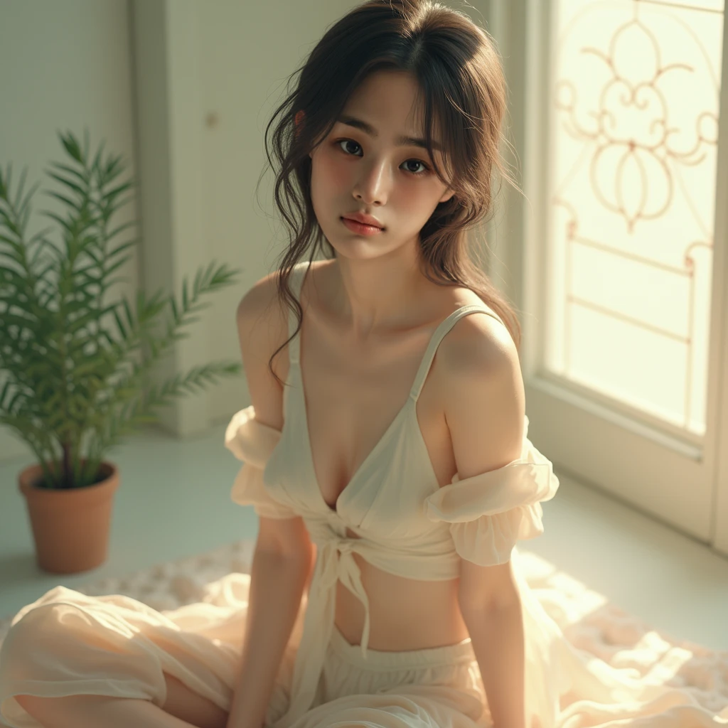 (masterpiece), (best quality), 8k resolution, painting of a girl, Asian girl, stunning beauty, perfect face, mature female, 20yo, sexy, (watercolor), sunny, window, sitting on the chair, hand drawn