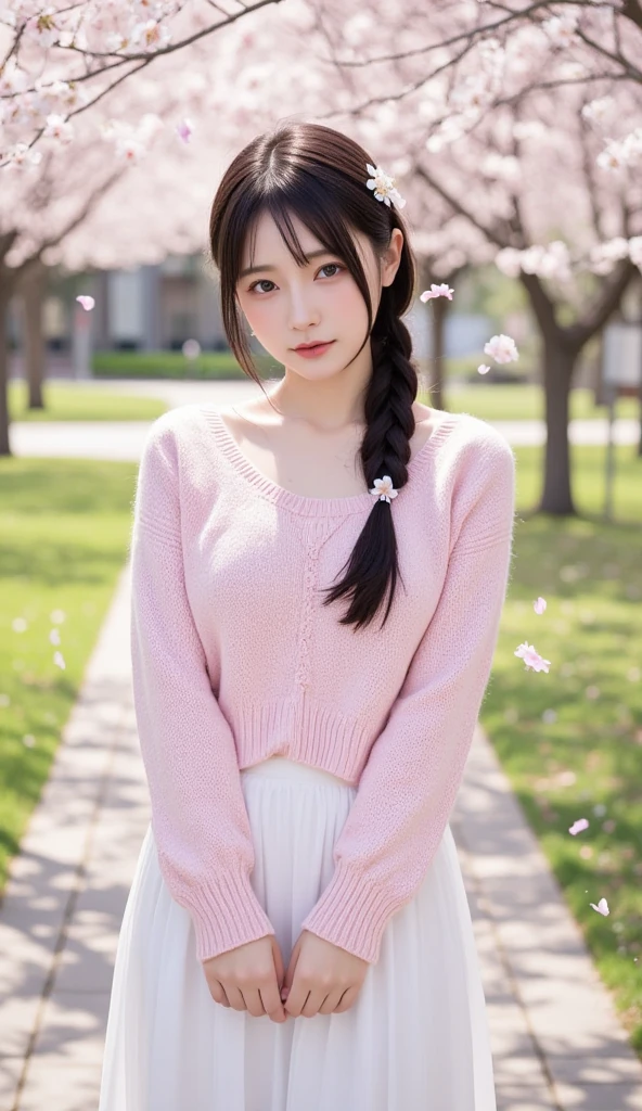 (a sign、​Masterpiece、8K、on the table、original photo、extremely good、best quality、フォトリアリスティックでVery detailedな CG 統合 8k 壁紙、high quality、Very detailed、epic、particle effect、dynamic effect、depth of field、film light、lens flare、Ray tracing)、fantasy、 (1 beauty、Dores、skirt、Sakura pattern、A black-haired one、pretty face、serious、Beautiful details eyes beautiful skin)、髪がWindで踊る、Hair flutters in Wind、hair jumping、pink sakura tree、petals flying、櫻花暴Wind雪、beautiful scenery、morning light、sun in background、Wind、