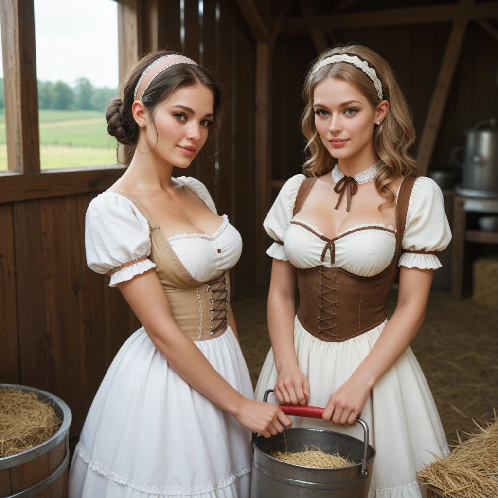 from above view,  raw a scene featuring traditional German costumes from the 1930s. looking at viewer, female 20 years-old, (brown hair ,double braid, smile), (flower crown gold neckless, lady's watch),  (little fat body, holding Beer mug and Frankfurt sausage), (The women are wearing  embroidered Dirndls, which include a close-fitting bodice with a low neckline, a blouse worn under the bodice, a wide high-waisted skirt, and many  flower arrange black embroidered  apron).  The setting is a rural village during a festival, with people engaging in traditional activities and celebrating their heritage .textured skin , HI detailed skin, (foreshortening, Canon, 8K, anatomically correct, super detail, high details, highness)