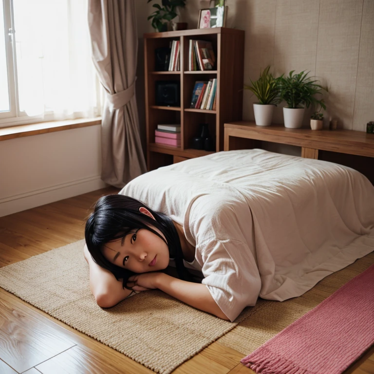 arafed woman laying on a bed in a messy room, in a Japanese apartment, tired and drunk, In the bedroom at a sleepover, fainted, rest after a fierce battle, sitting in her room, Chiho, messy room, very tired woman, Taken in the early 2020s, sprawled out, sitting in the bedroom--ar 16:9