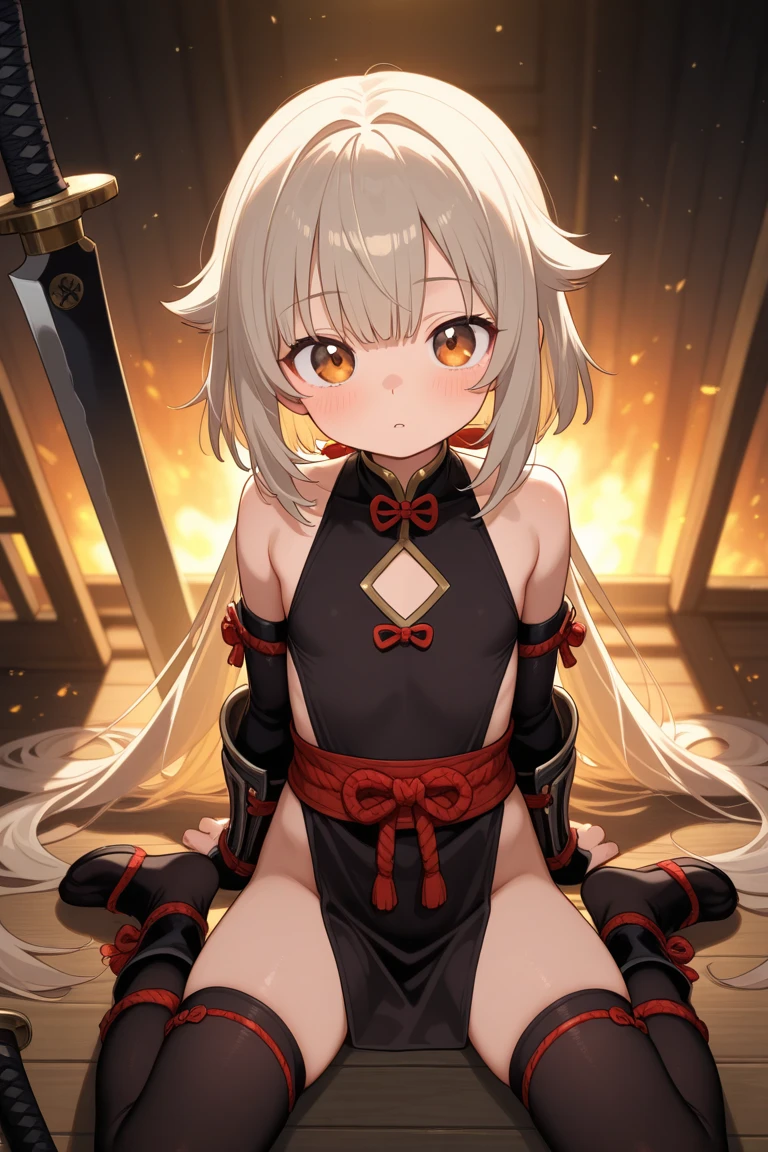 1girl, evil neuro-sama, red eyes, light brown hair, ahoge, two side up, hair ribbon, dark red ribbon, heart hair ornament, collar, animal collar, (masterpiece, best quality), highly detailed, finely detailed, wet, sweat, cat ears, looking at viewer, blurry background, depth of field, backlight, light particles, bokeh, harem outfit, see-through, see-through veil, covered nipples, standing, arms up, dancer, pelvic curtain, revealing clothes, 
