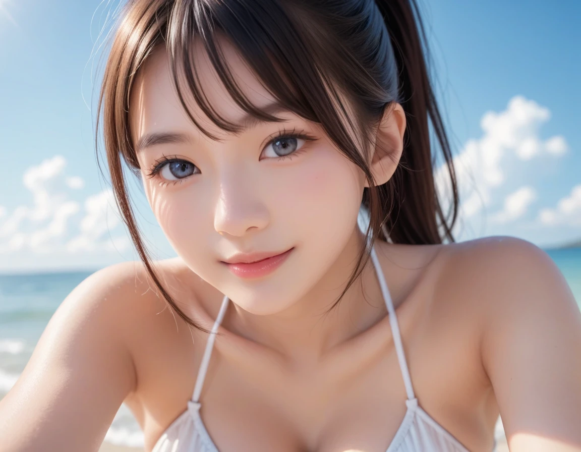 One Girl,(1人のとてもcute女の子:1.3),masterpiece,Highest quality,High resolution,Photorealistic,RAW Photos,Ray Tracing,beautiful girl,(15 years old:1.3),cute,Big eyes,(detailed pupils:1.2),(The face is facing straight ahead:1.3),Body facing forward,Beautiful nose,Fuller lips,Short black hair,ponytail,short hair,Detailed eyelashes,Thin eyebrows,Very fine grain definition,(Symmetrical eyes:1.3),(Face close-up,Face Focus:1.0),Small breasts,Short neck,White swimsuit,White Bikini,The background is the sea,Southern Island,Blue sky,White cloud,Portrait,View Viewer,Upper Body,Cinema Lighting,High resolution,Very detailed