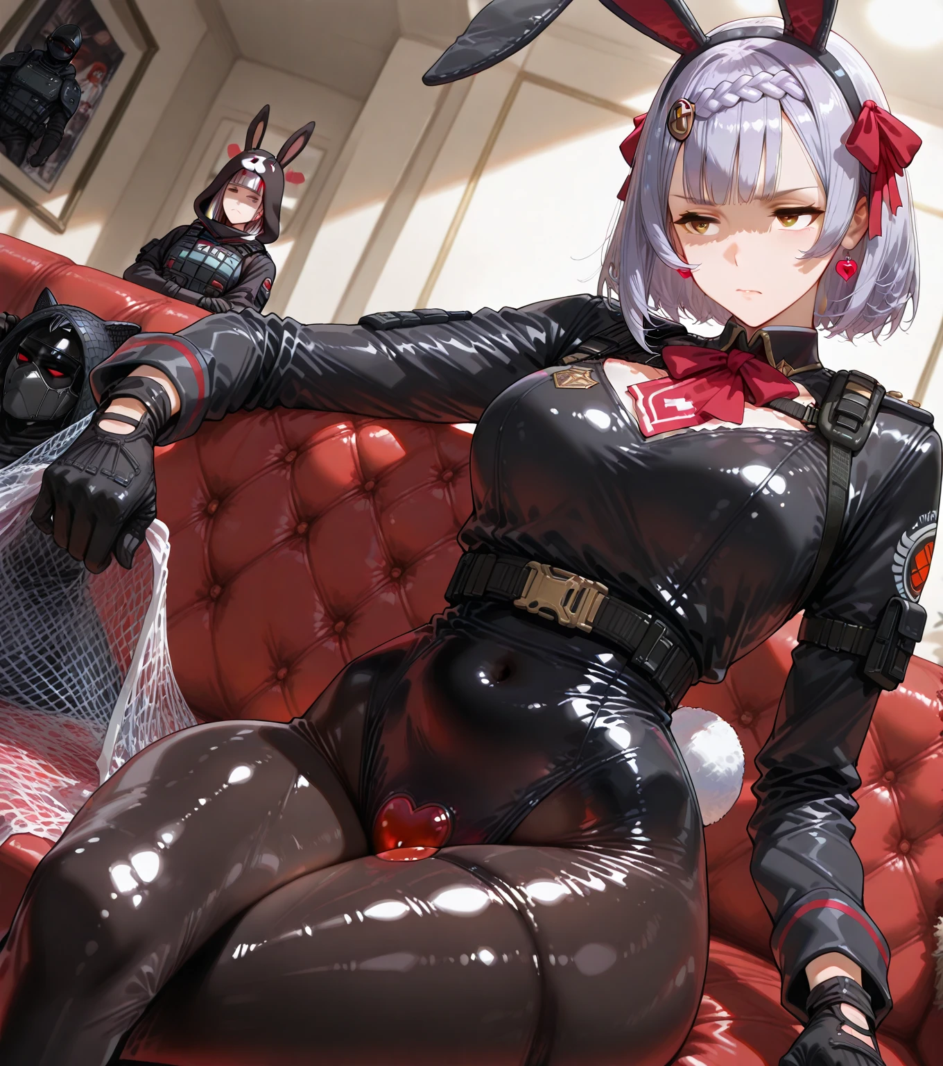 1girl, w_arknights, black bodysuit with blue parts, ancient space ruins, hi-tech armor pieces, face, fat legs, see through clothes, side boob