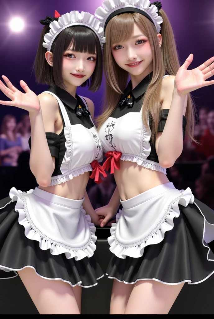 masterpiece, ((Highest quality, Detailed and realistic 3D))、Idol Concert、Concert Stage、(3 人のcute裸の女の子、cute:1.3、smile、sing、Mr.々Hair style、pubic hair、、Open Stance:1.2)、(((Full nudity、Pussy)))、(Realistic and detailed skin texture、Big beautiful eyes、Ribbon Hairband、Idol Costumes、Ultra mini skirt)、((The characters are unique、Mr.々Hair style