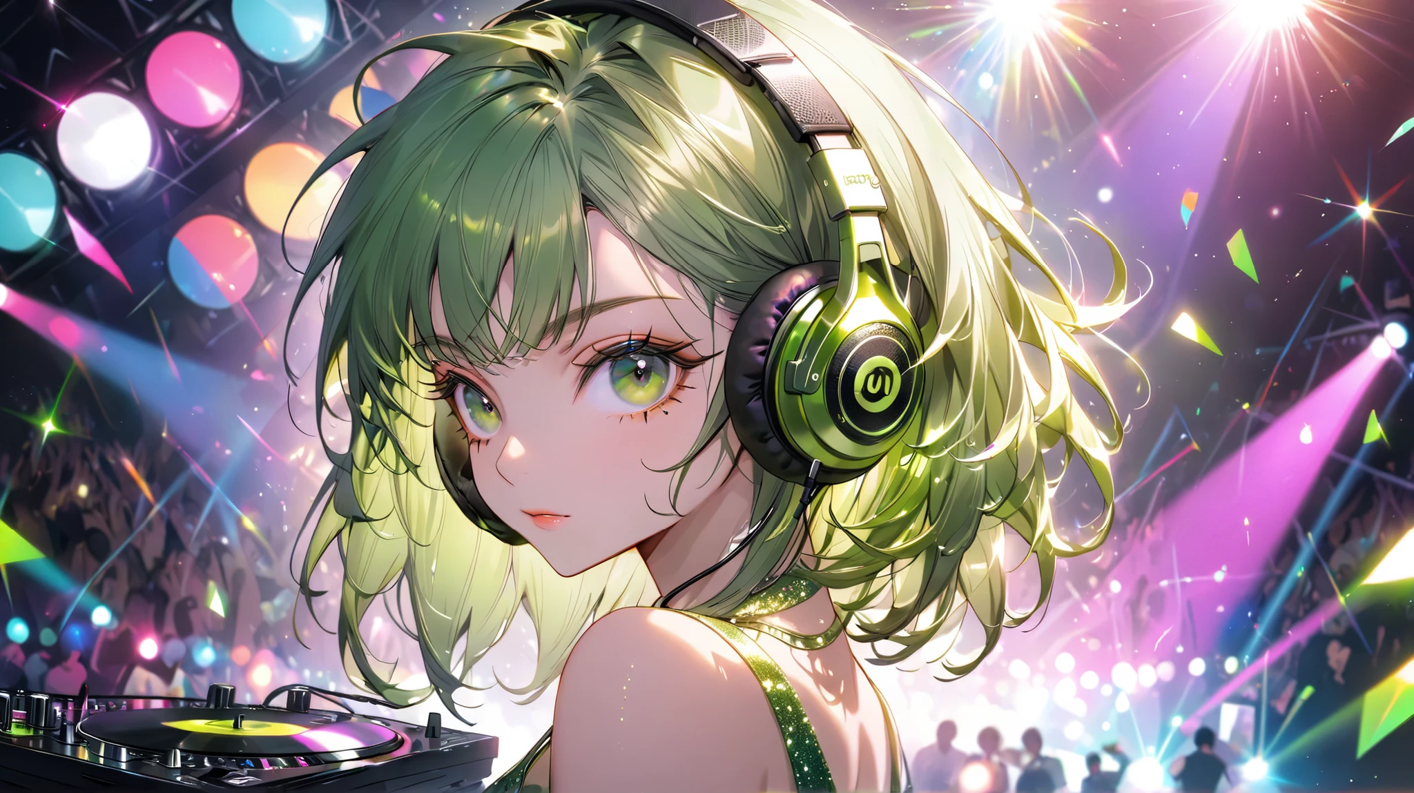 (Best Quality, Very Detailed, High Resolution:1.2),One beautiful girl, DJ, headphones, green hair, green eyes, green glitter camisole, pin clip, long eyelashes, disco,